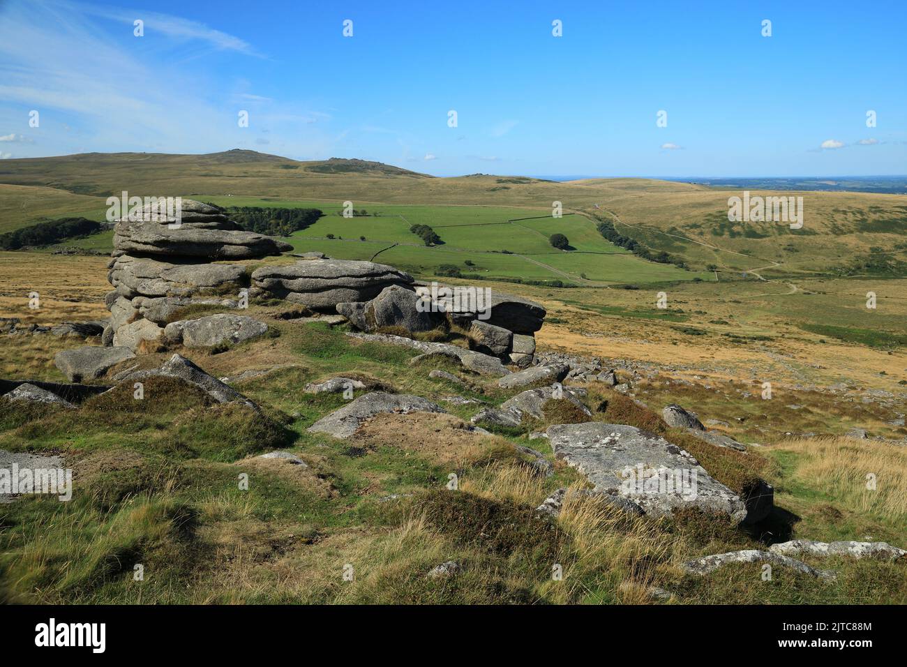 View fro, Belstone tor, Row tor, West mill tor and Yes tor in the distance, Dartmoor, Devon, England, UK Stock Photo