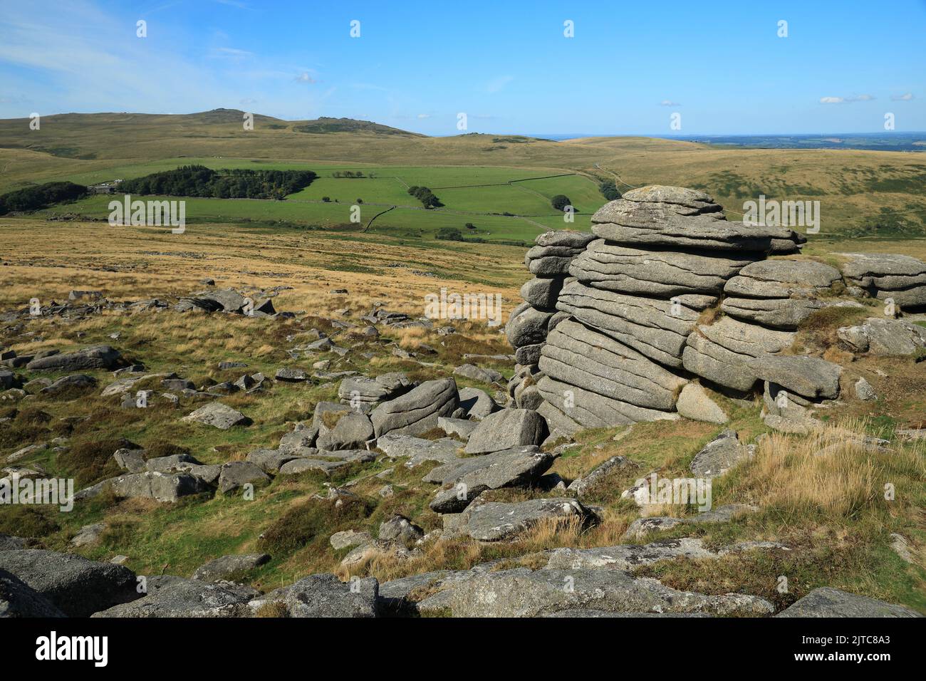 View fro, Belstone tor, Row tor, West mill tor and Yes tor in the distance, Dartmoor, Devon, England, UK Stock Photo