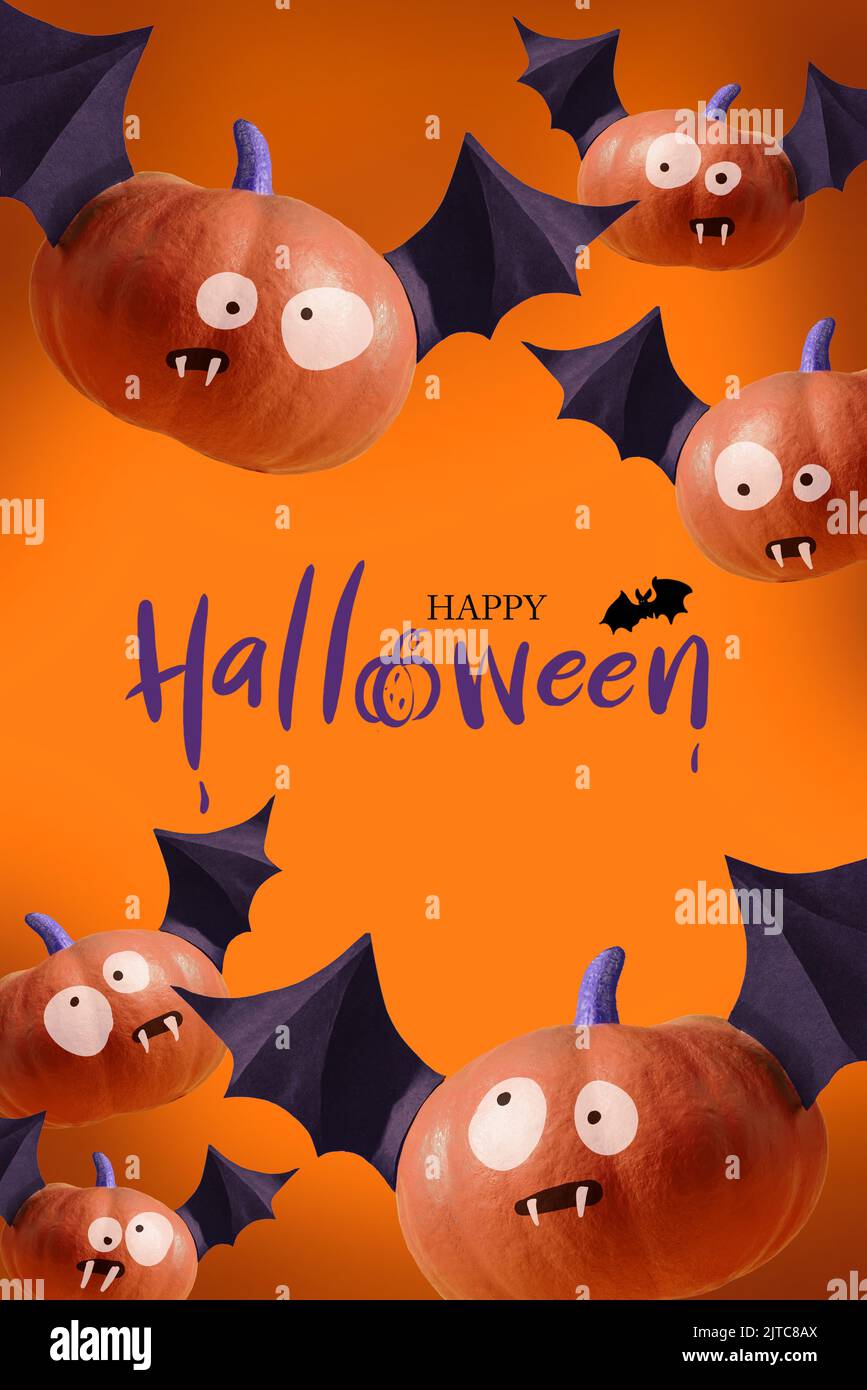 Happy Halloween poster, orange party invitation background with pumpkins with bat wings with evil grimaces and vampire teeth. Modern orange Halloween Stock Photo