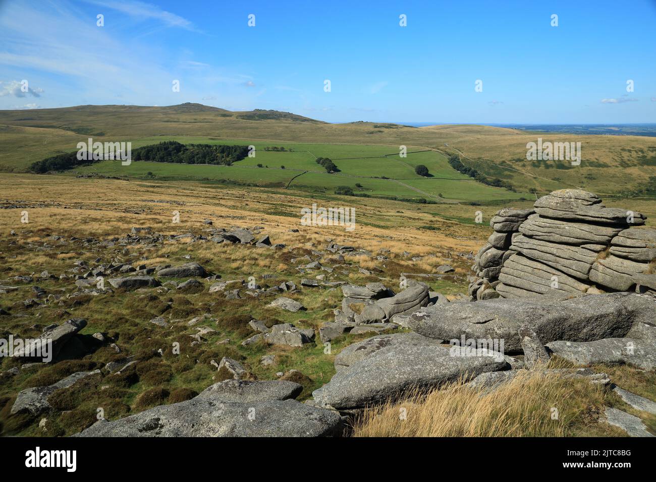 View fro, Belstone tor, Row tor, West mill tor and Yes tor in the distance, Dartmoor, Devon, England, UK Stock Photo