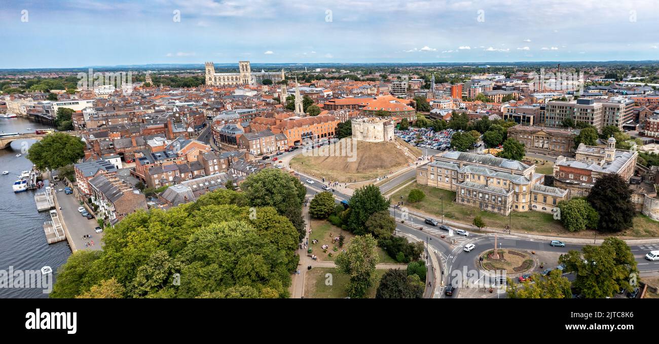 YORK, UK - AUGUST 28, 2022.  An aerial landscape view of York city centre and Minster church in North Yorkshire Stock Photo