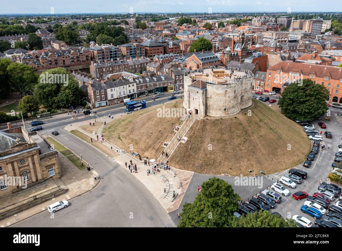 YORK, UK - AUGUST 28, 2022.  An aerial view of the historic and ancient architecture of Cliffords Tower in York. Stock Photo