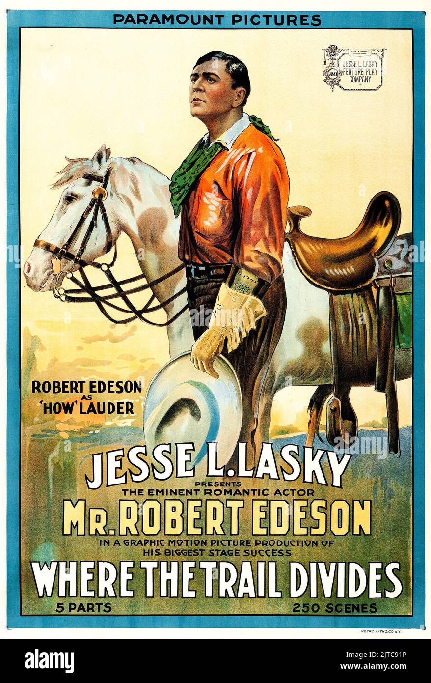 Old Western Movie - Vintage film poster for the 1914 film Where the Trail Divides Stock Photo