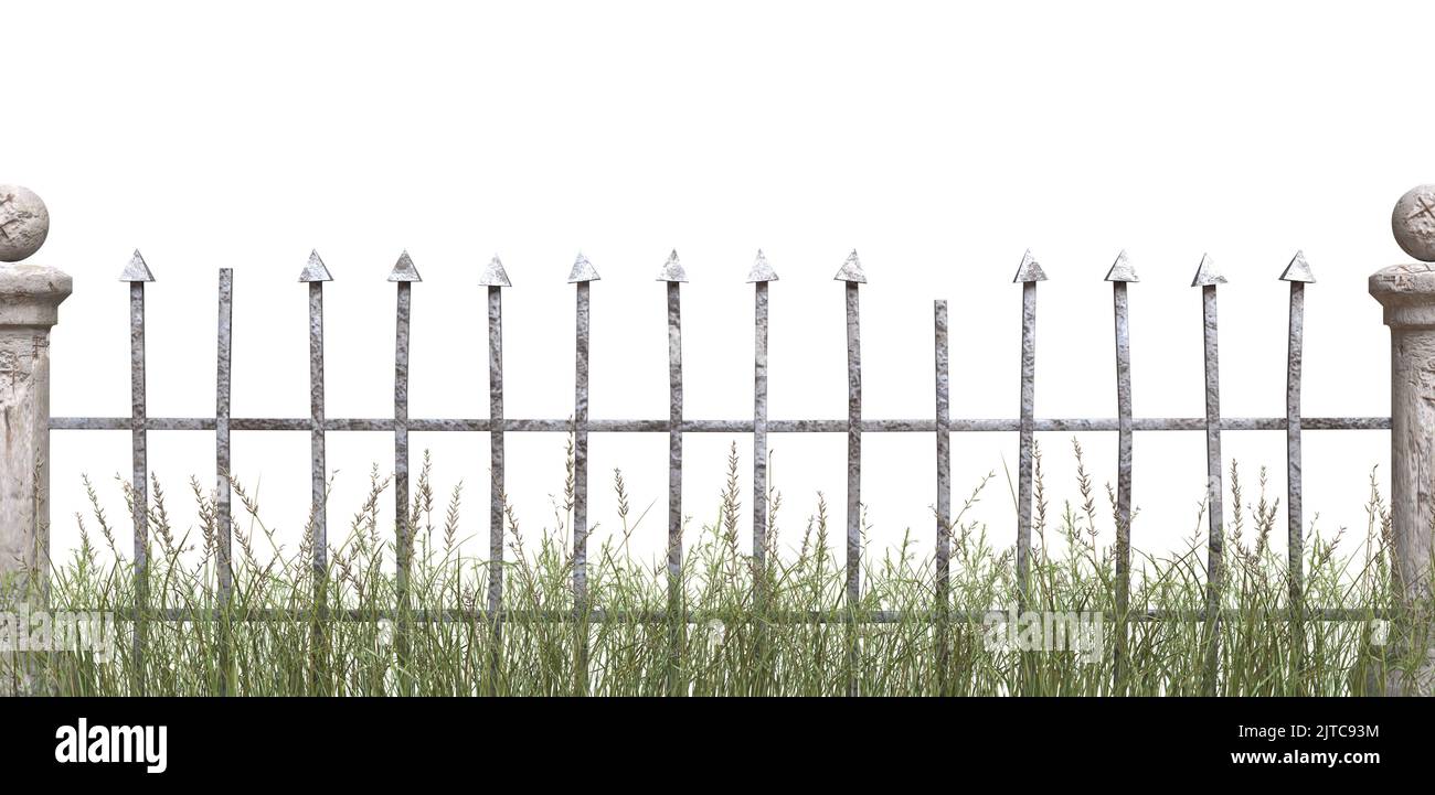 Decrepit old spooky fence with grass, isolated on white. Fence of graveyard or old castle. 3D image Stock Photo