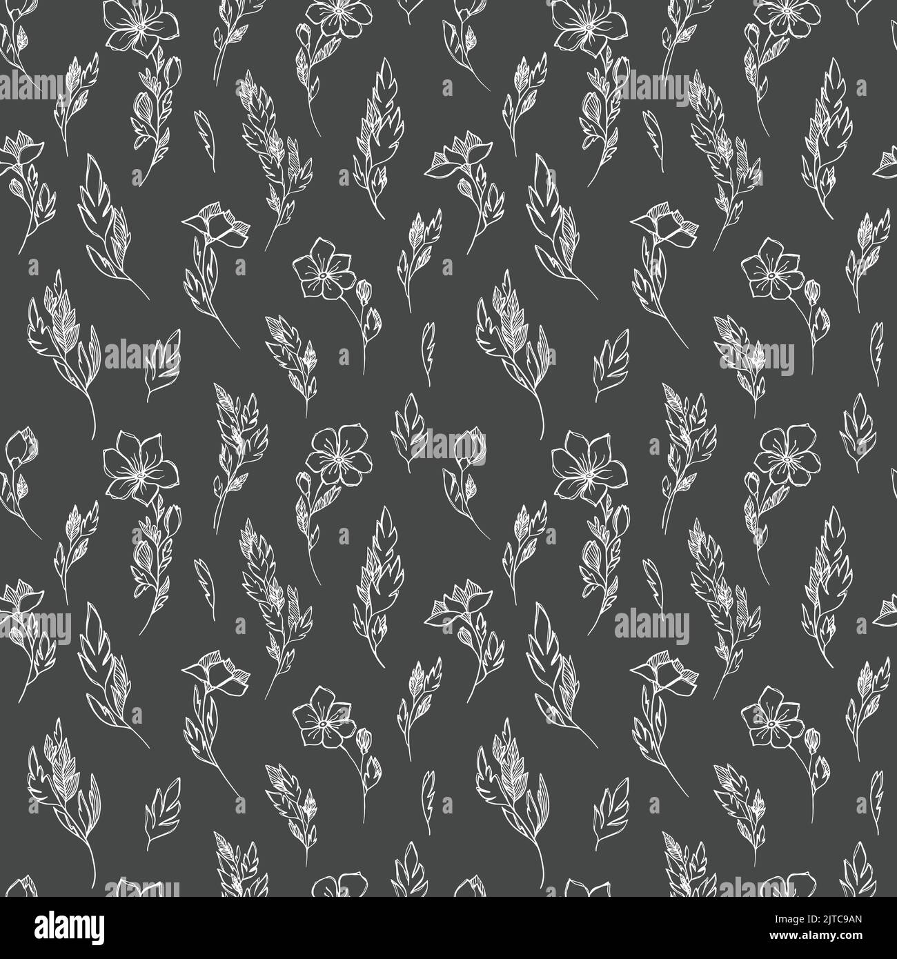 Linear floral black and white seamless pattern in doodle style Stock ...