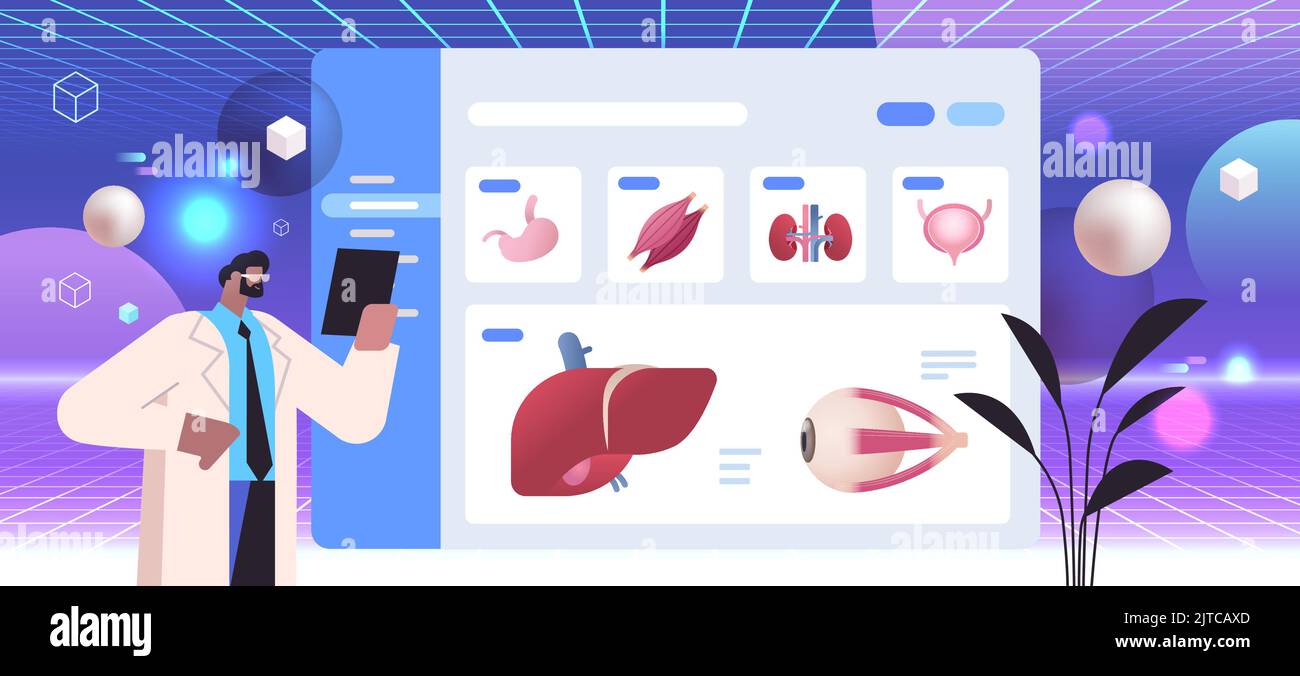 scientist examining anatomical human body internal organs on digital