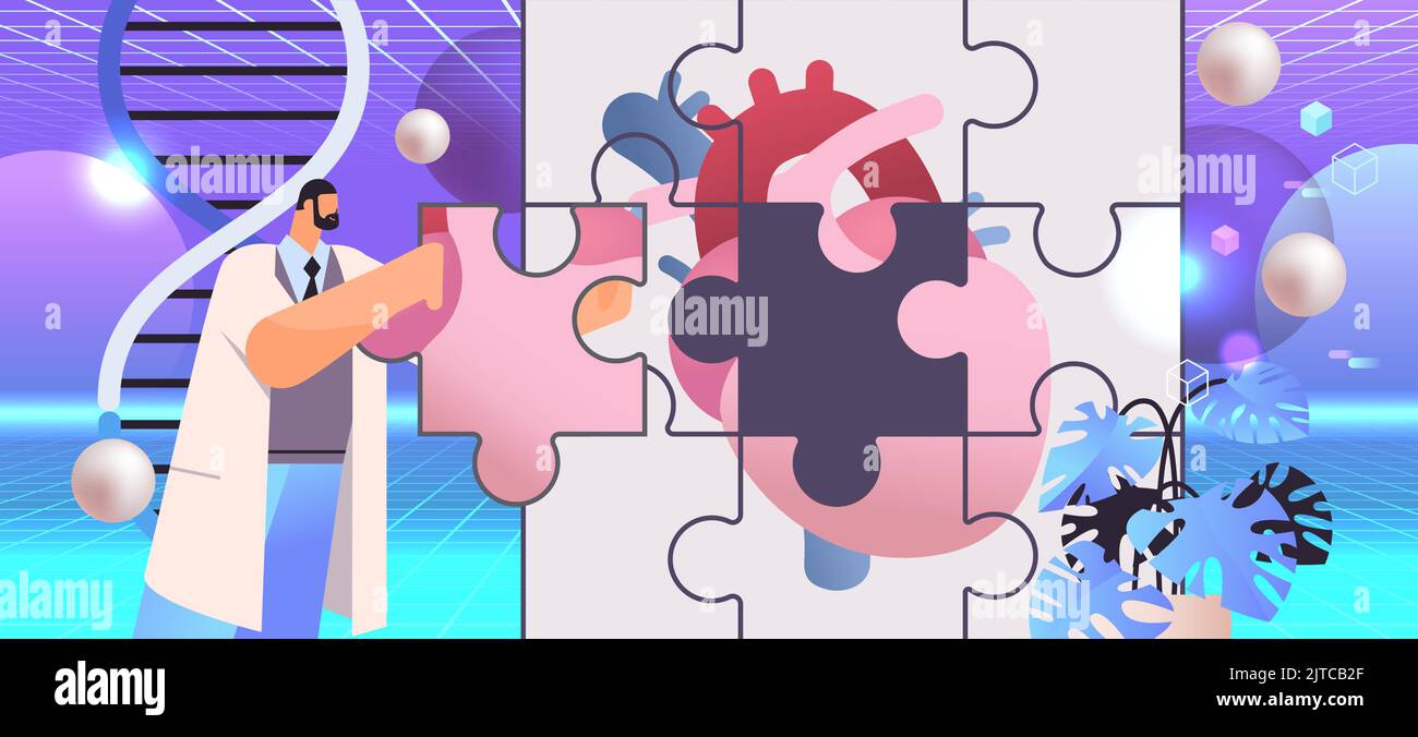 scientist putting puzzle pieces of anatomical heart human body internal