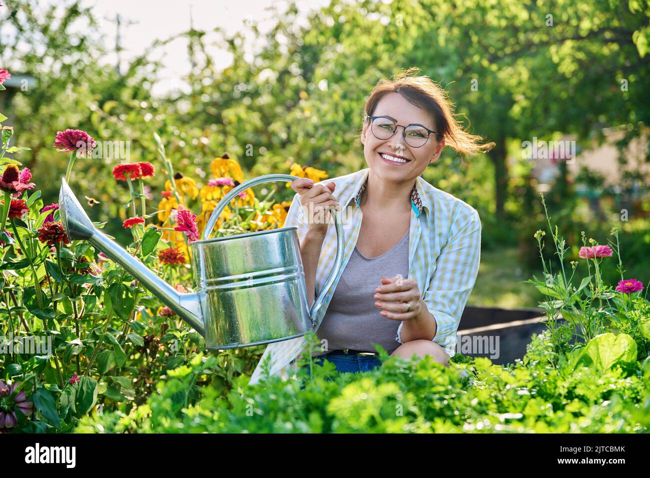 Woman with watering can in vegetable garden in summer season Stock ...