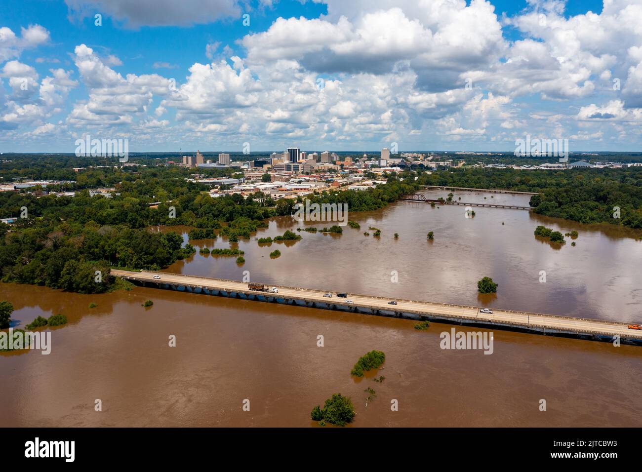 Jackson, MS, USA - August 29, 2022: High water in the Pearl River that runs through Jackson, MS Stock Photo