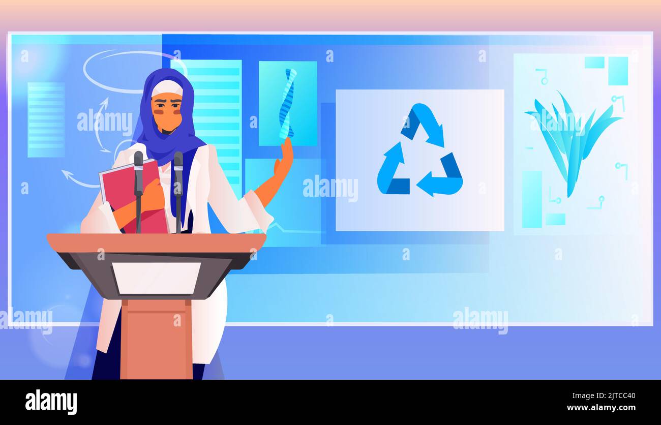 arab woman giving speech at tribune sustainable ESG development responsibility of co2 emission environmental conservation Stock Vector