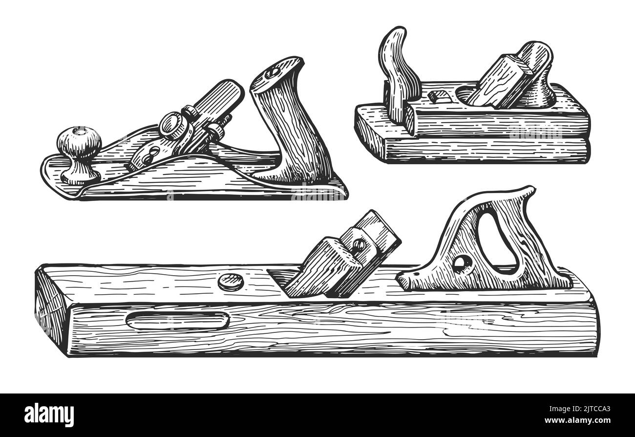 Hand drawn sketch of jointer tool in engraved style. Vintage etching drawing. Carpentry, joinery, woodwork concept Stock Photo