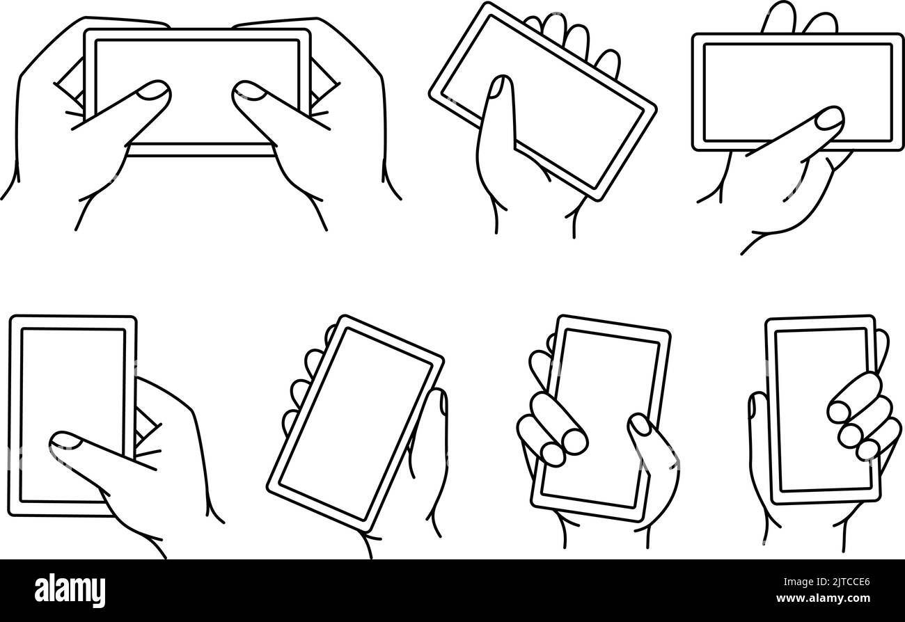 Hands holding phones outline sketch set. Smartphones with a white screen line banner. Hands holding phones with empty screens mock up. Stock Vector