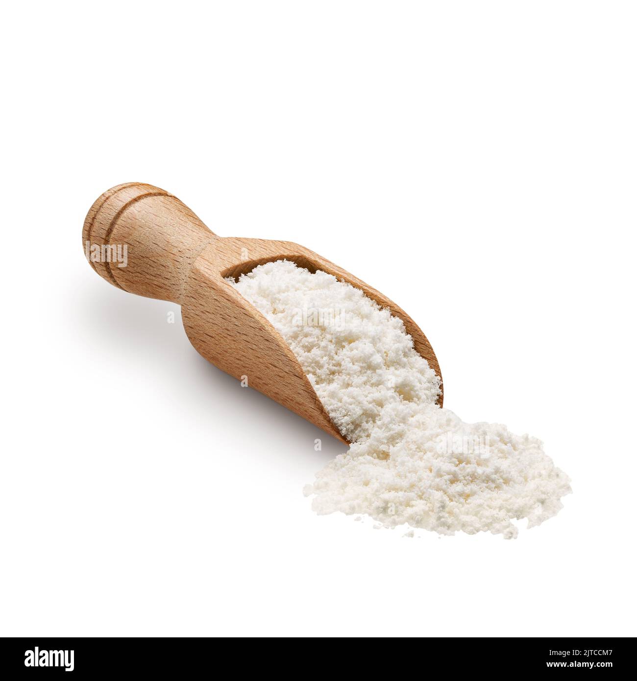 Wooden scoop full of coconut flour isolated on white background Stock Photo