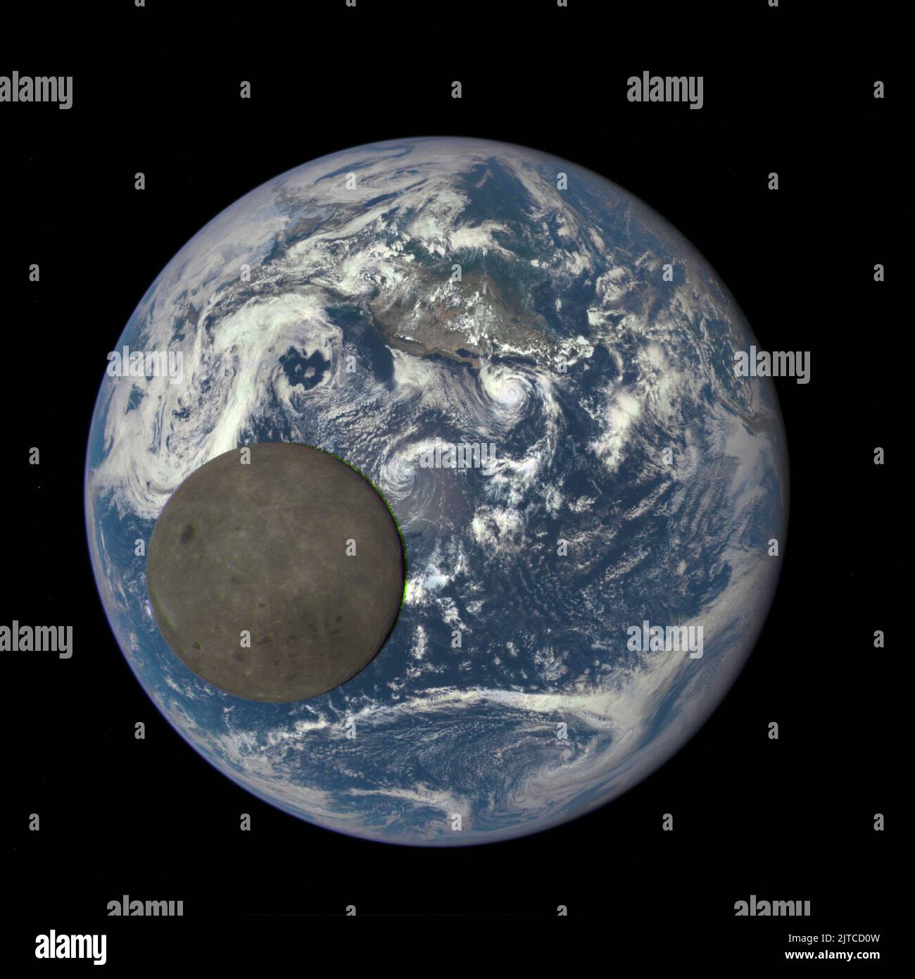 Earth Atmosphere. 6th Aug, 2015. A NASA camera aboard the Deep Space Climate Observatory (DSCOVR) has captured a unique view of the Moon as it passed between the spacecraft and Earth. A series of test images shows the fully illuminated 'dark side' of the Moon that is not visible from Earth. The images were acquired by NASA's Earth Polychromatic Imaging Camera (EPIC), a four megapixel CCD camera and telescope on the DSCOVR satellite, which orbits about 1.6 million kilometers (1 million miles) from Earth. The images shown above and in the movie below were taken over the course of five hours o Stock Photo