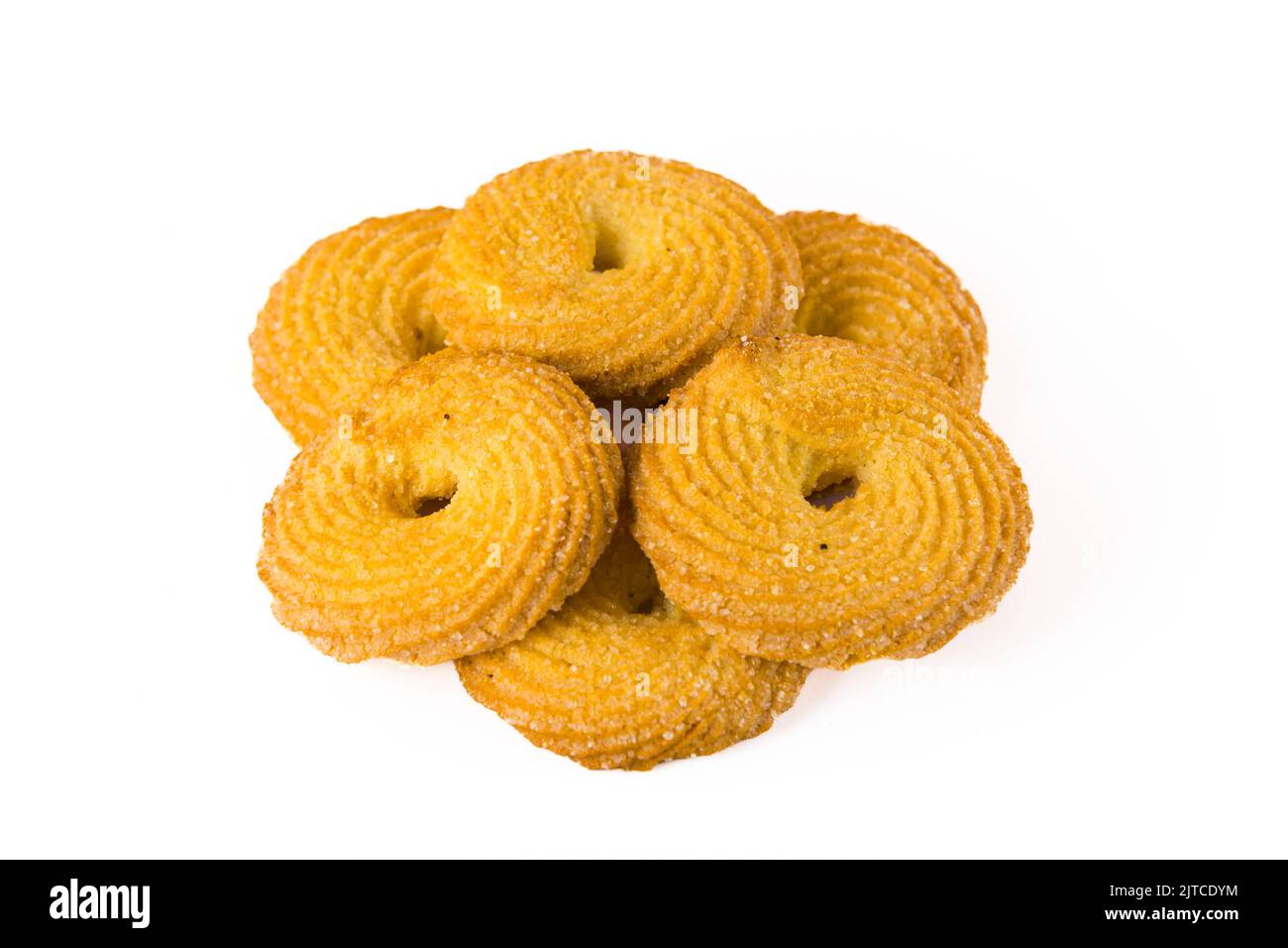 Six round golden butter cookies put in a composition. Cookie advertisement concept. Isolated on whitisolated, white, eating, group, round, stack, temptation, photography, sweet food, baking, butter, ready-to-eat, studio shote background. Bakery and patisserie. High quality photo Stock Photo