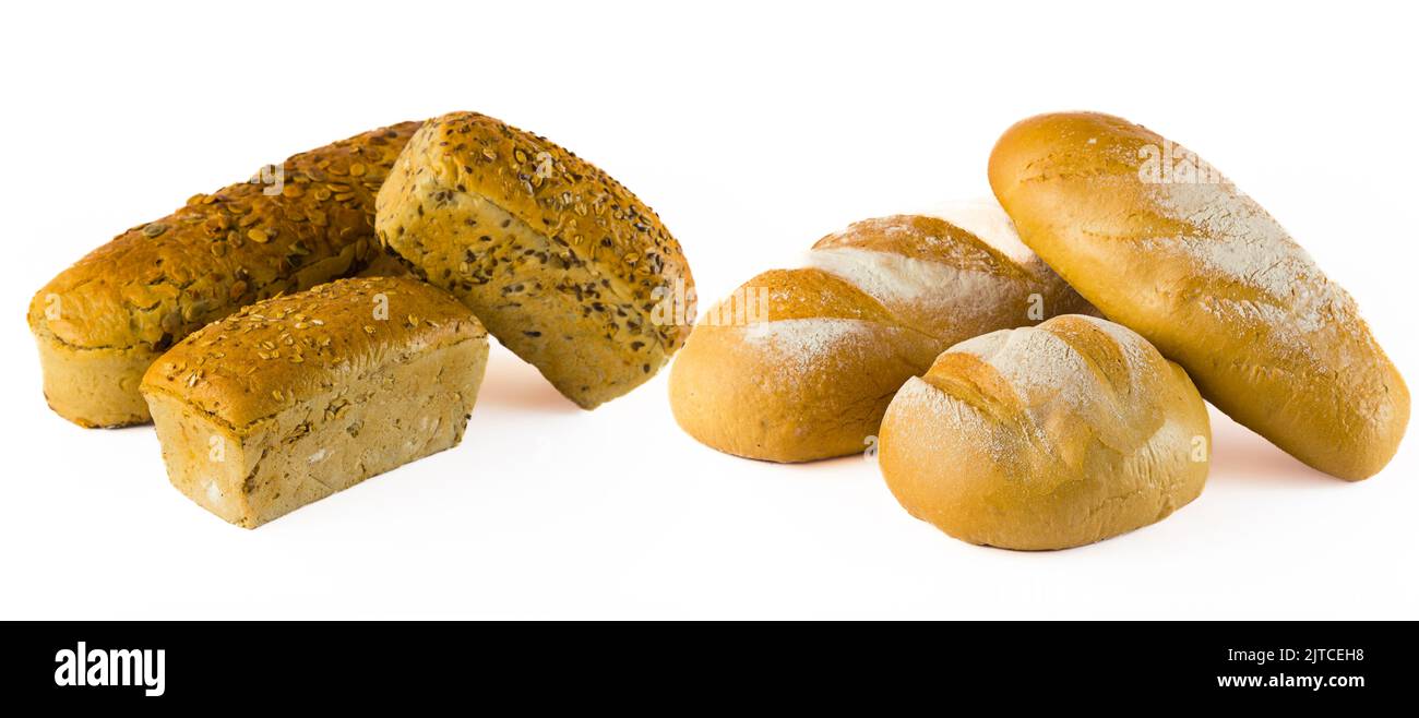 The difference between loaves of bread. Three whole grain loaves with
