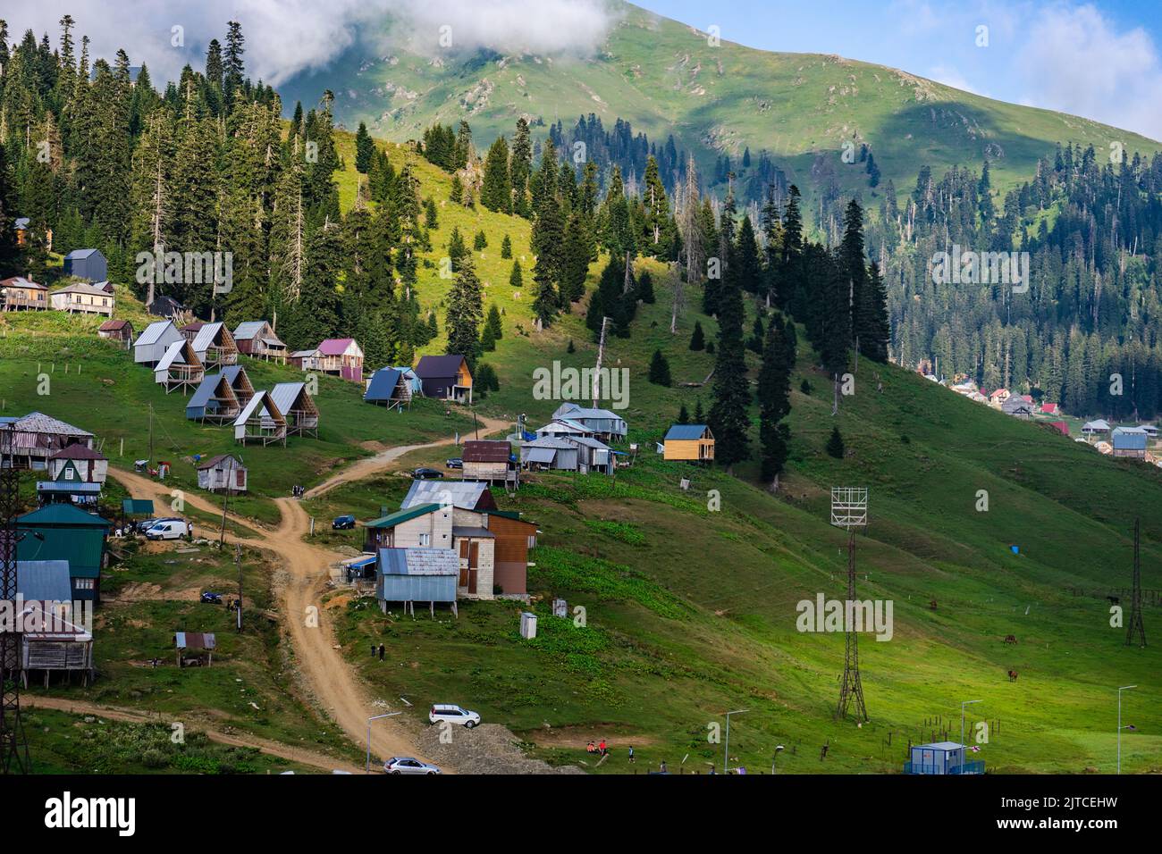 Old houses of Bakhmaro resort in georgian region Guria Stock Photo