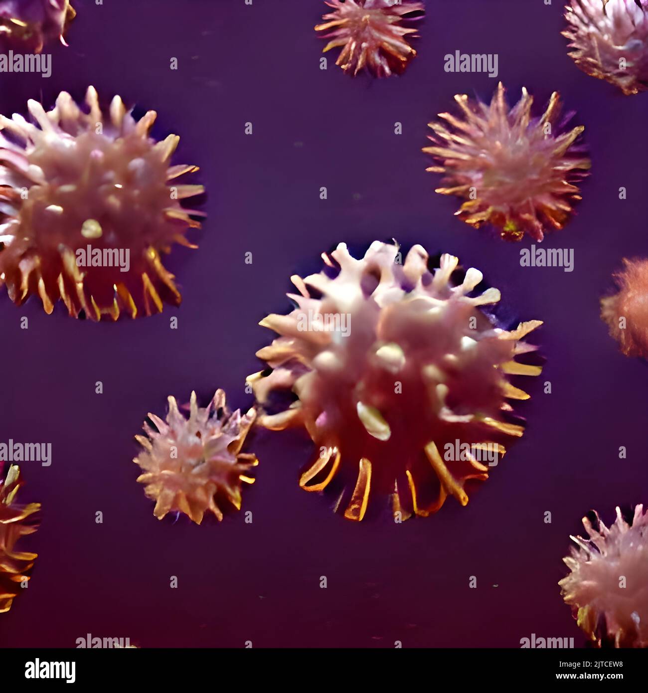 Microscopic view of floating influenza virus cells. Dangerous illness Stock Photo