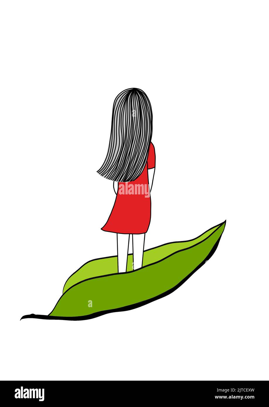 A girl in a red dress flying on a green leaf Stock Vector