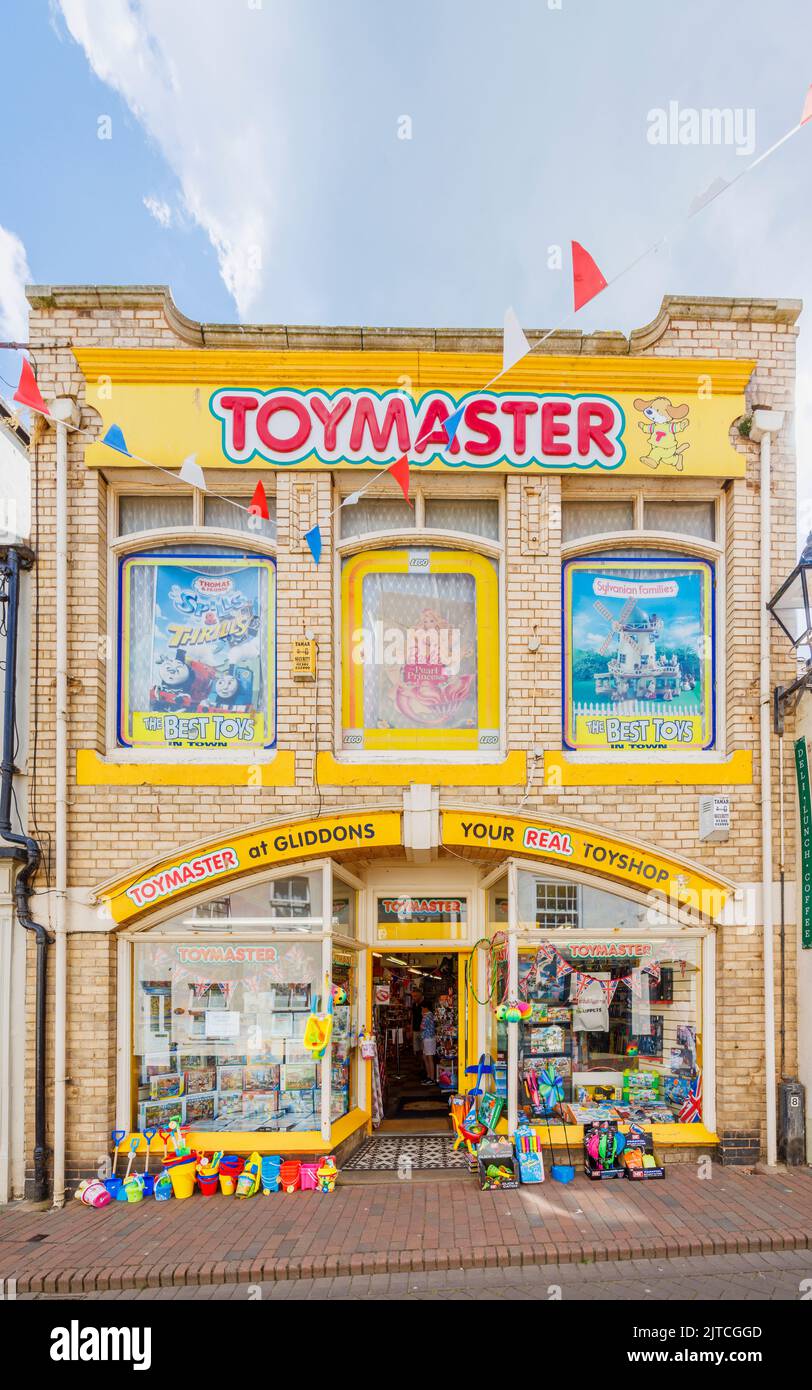 Toymaster at Gliddons, a traditional toy shop in the town centre of Sidmouth, a coastal town and holiday resort in East Devon on the Jurassic Coast Stock Photo