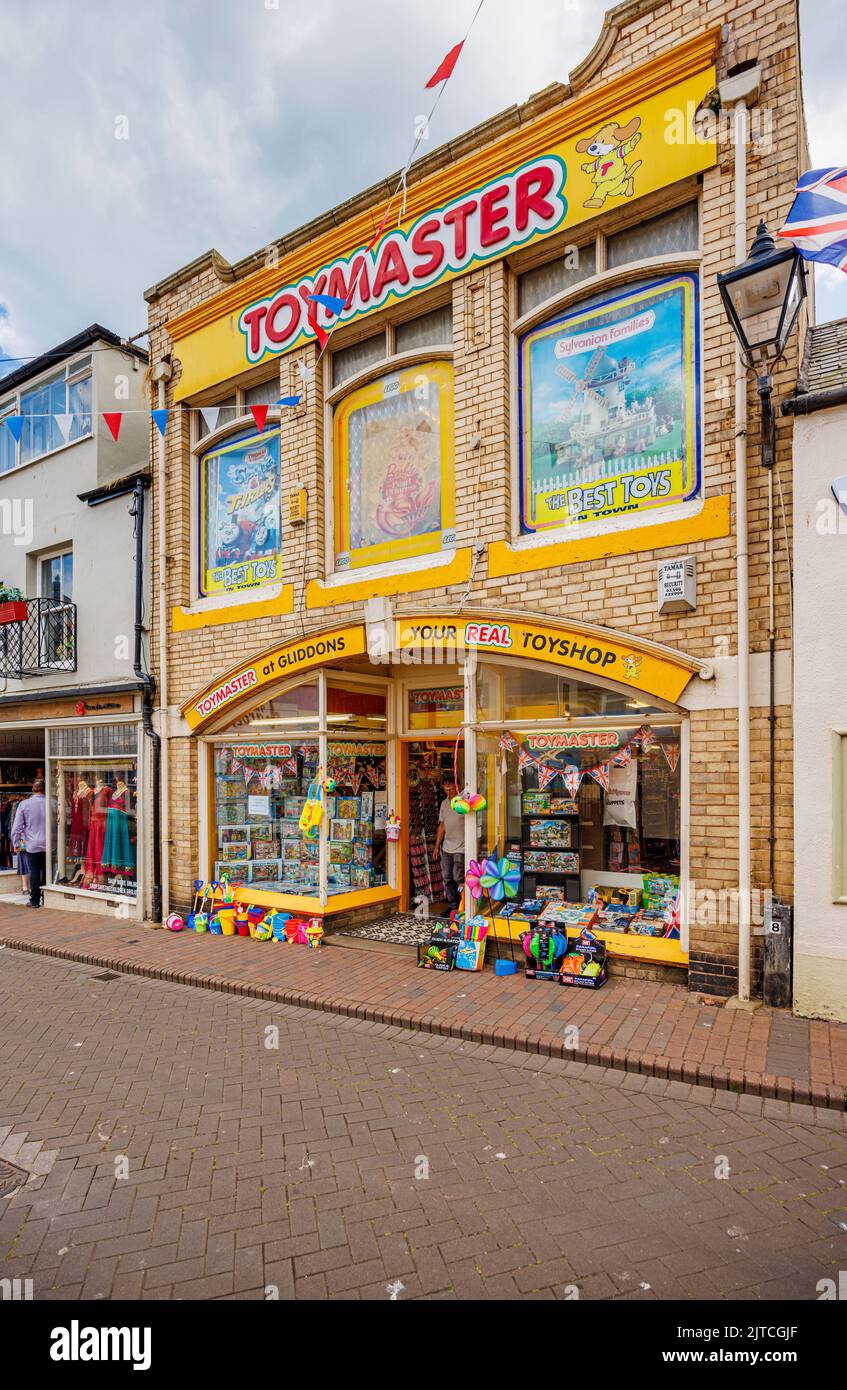 Toymaster at Gliddons, a traditional toy shop in the town centre of Sidmouth, a coastal town and holiday resort in East Devon on the Jurassic Coast Stock Photo