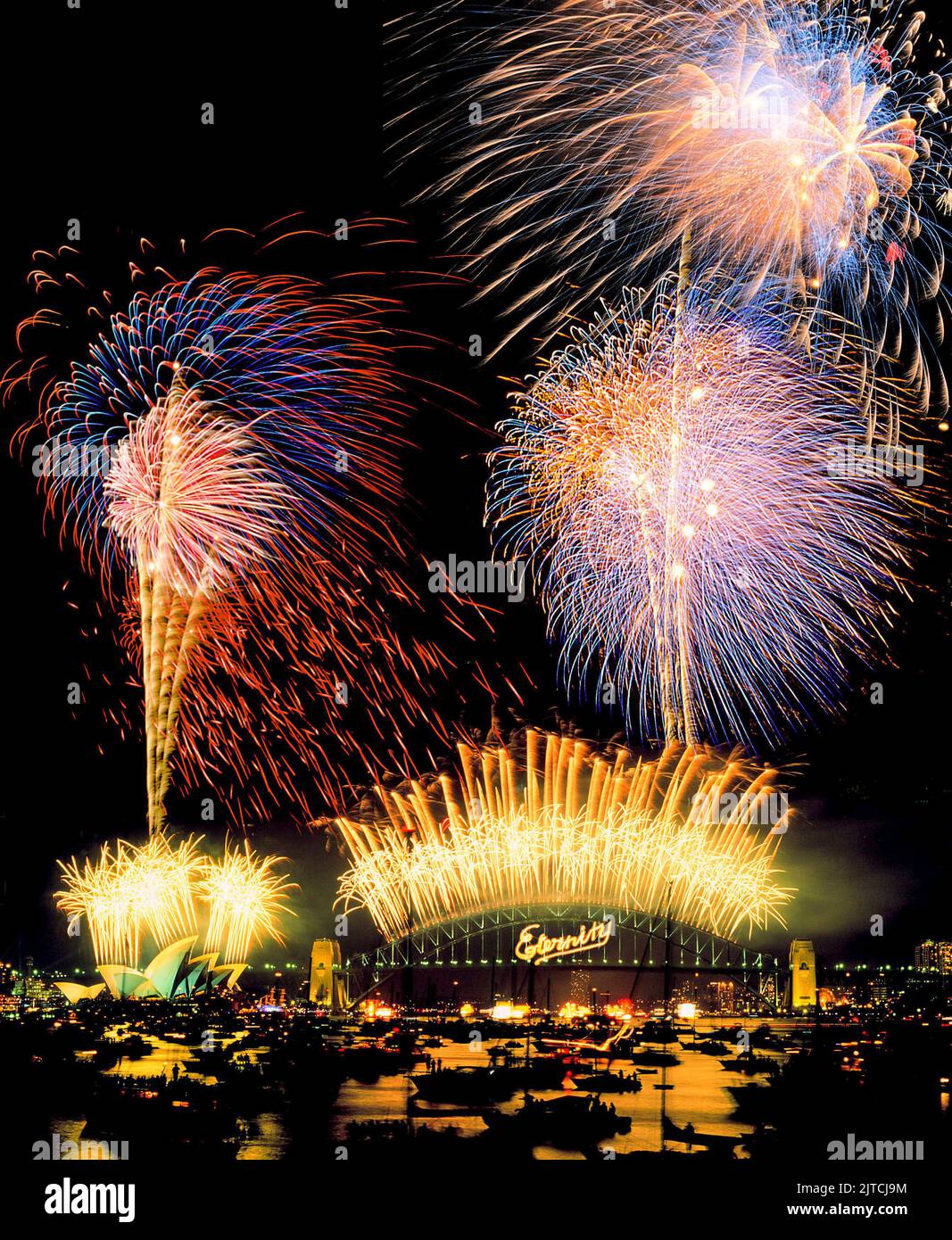 New Years Eve fireworks on Sydney harbour, Australia. Stock Photo