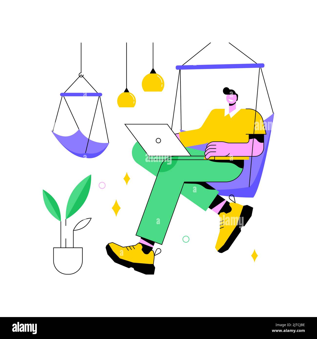 Chill zone isolated cartoon vector illustrations. Man with laptop sitting on a hammock in respite room, chill zone in smart office, recreation area, modern workplace vector cartoon. Stock Vector