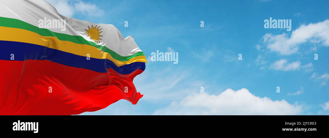 flag of Austronesian peoples Subanon people at cloudy sky background, panoramic view.flag representing ethnic group or culture, regional authorities. Stock Photo