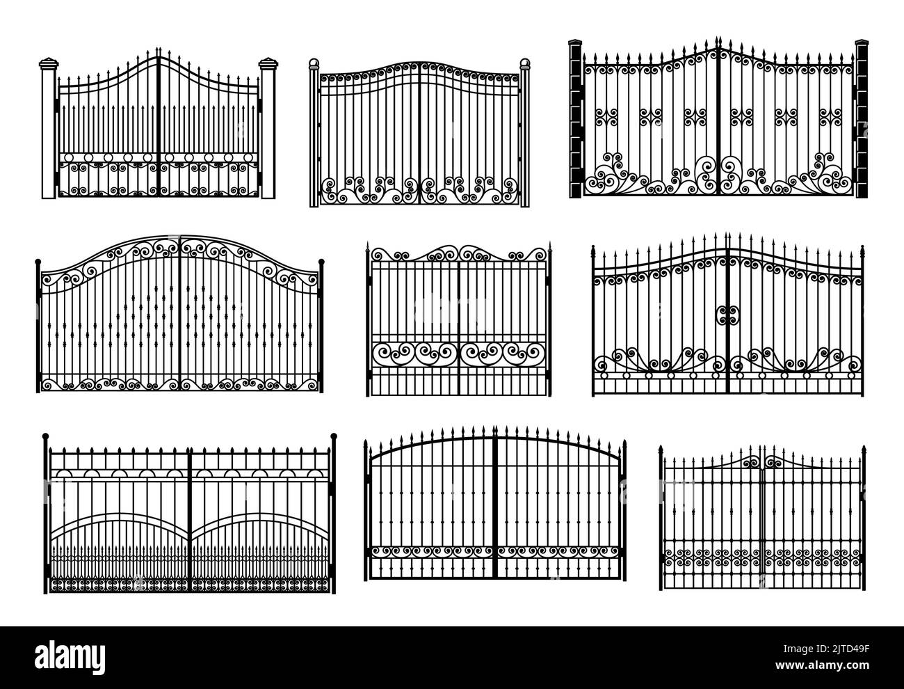 Iron gate and entrance metal fence with steel barriers, vector fencing wall. Metal fence gates