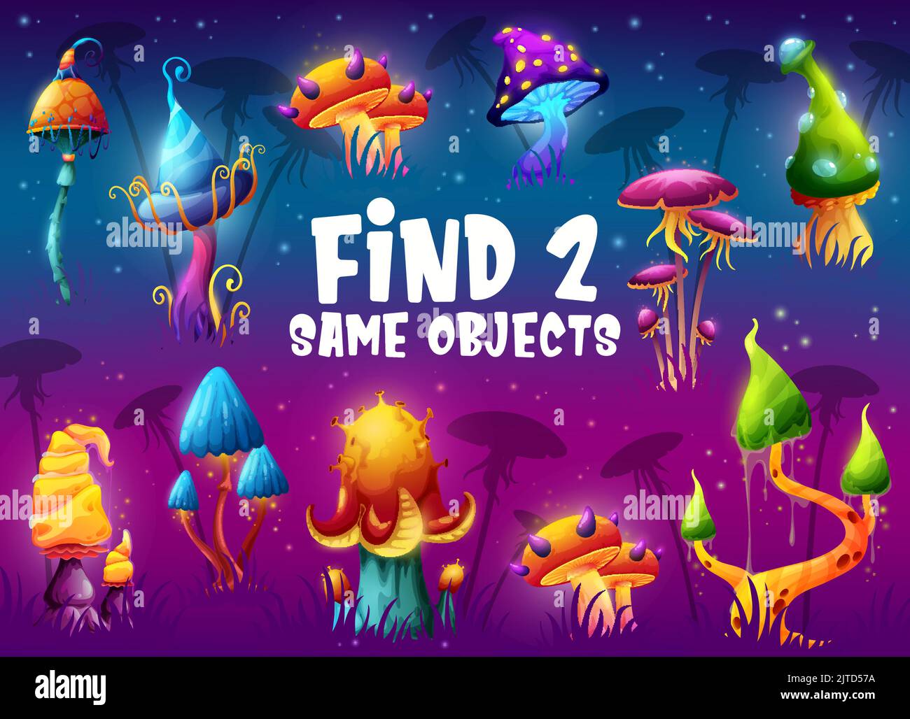 Find two same magic mushrooms. Kids game vector worksheet. Objects
