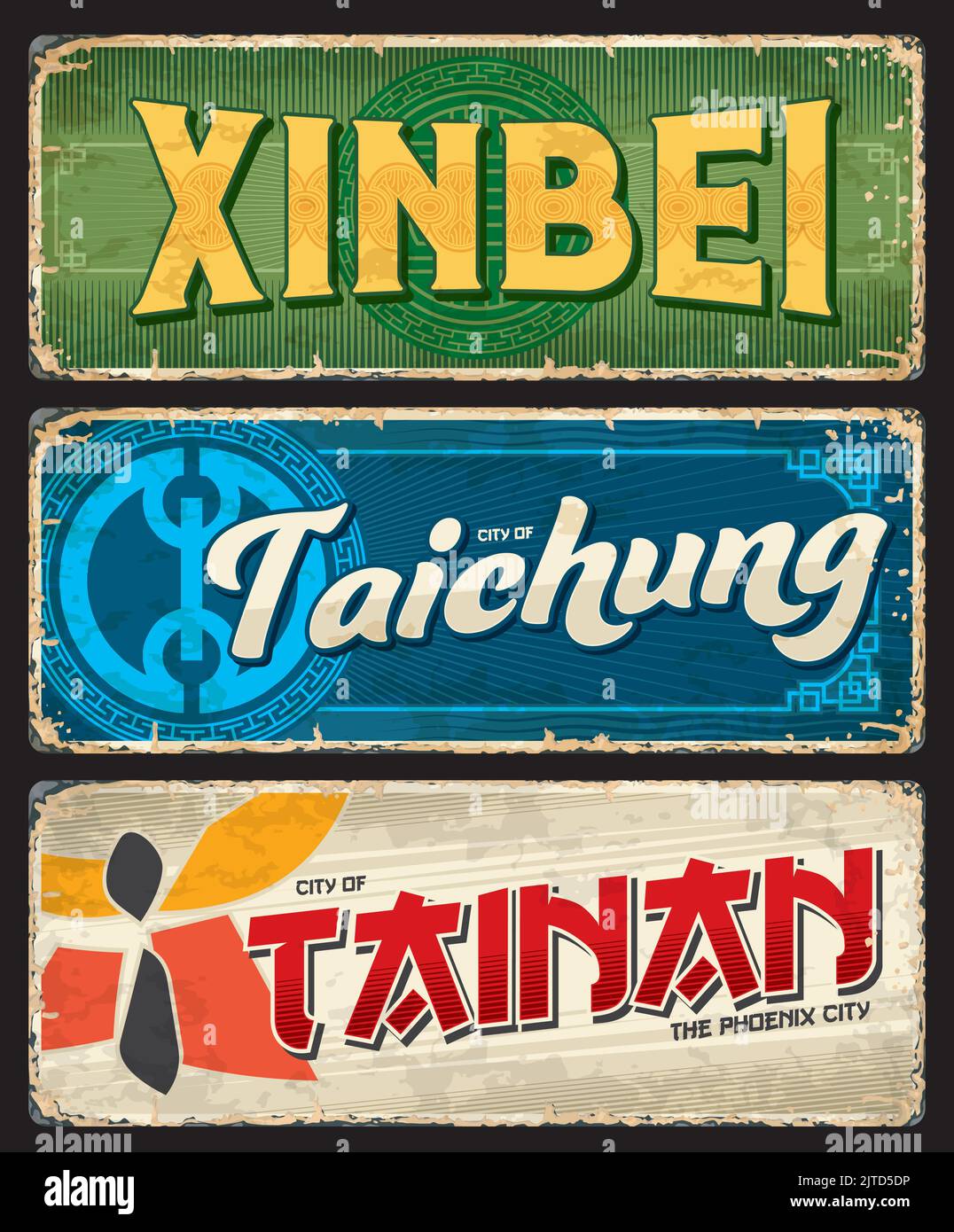 Xinbei, Taichung, Tainan chinese travel plates and stickers. China cities grunge tin sign or retro postcard. Asian vacation voyage vector sticker or banner, travel destination plate with city emblems Stock Vector
