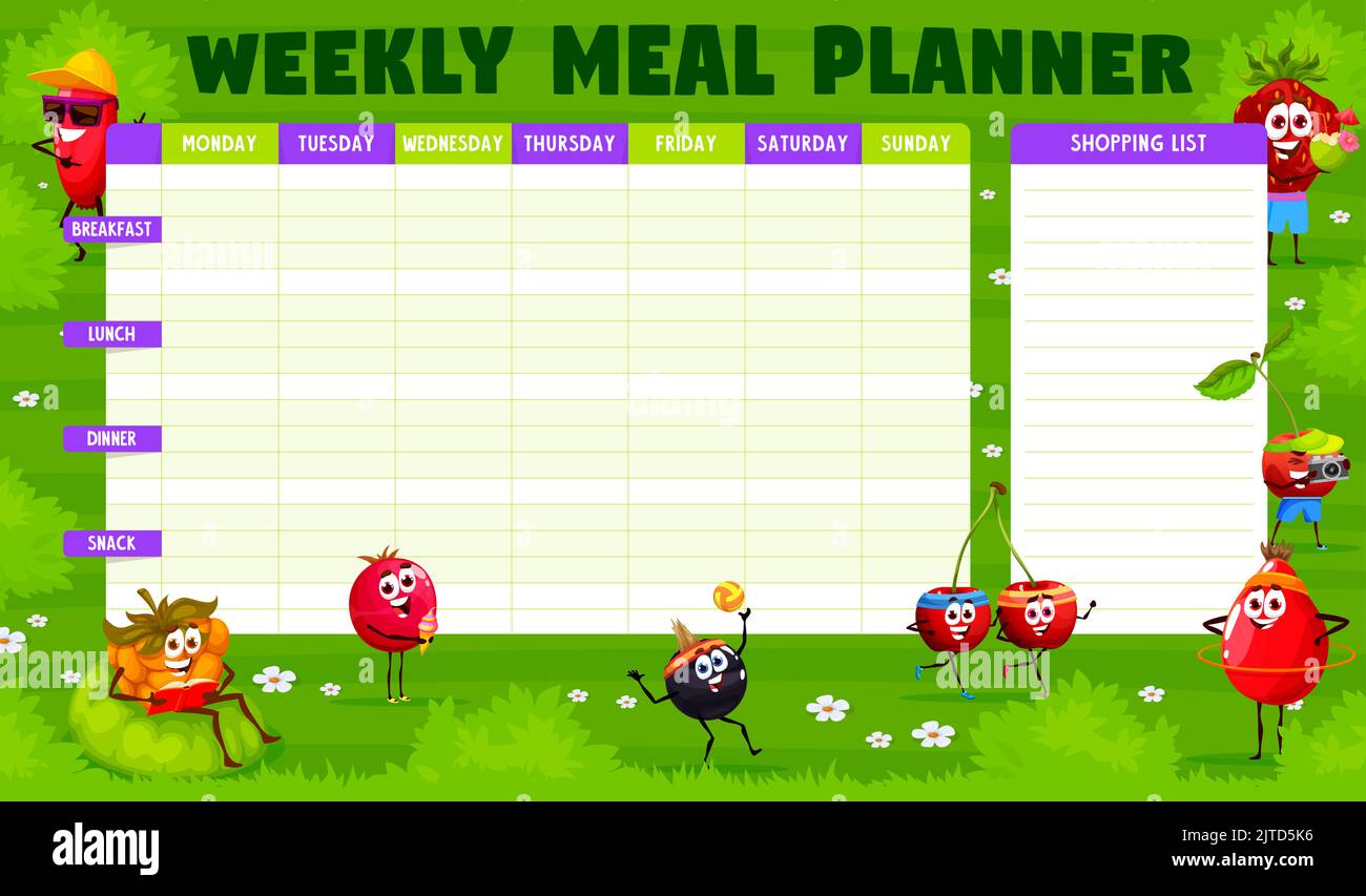 Weekly meal planner. Cartoon berry characters on green meadow walk