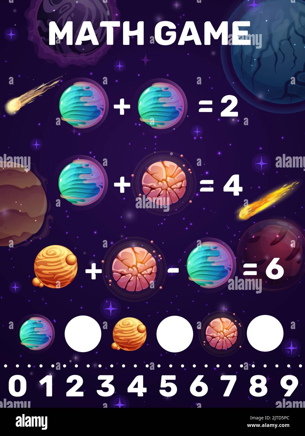 Math game, addition and subtraction kids puzzle worksheet. cartoon space comets, planets and stars. Preschool children mathematical riddle, math puzzle vector game with fantasy planets, asteroids Stock Vector