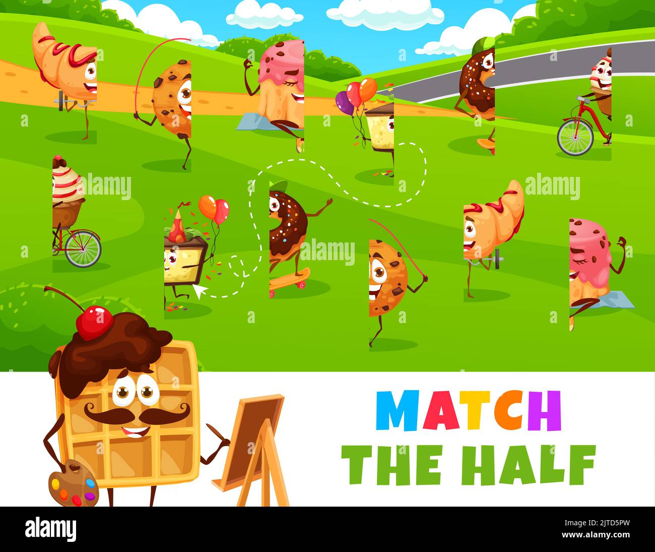 Match the half of cartoon desserts, sweets, cookie and cake characters ...