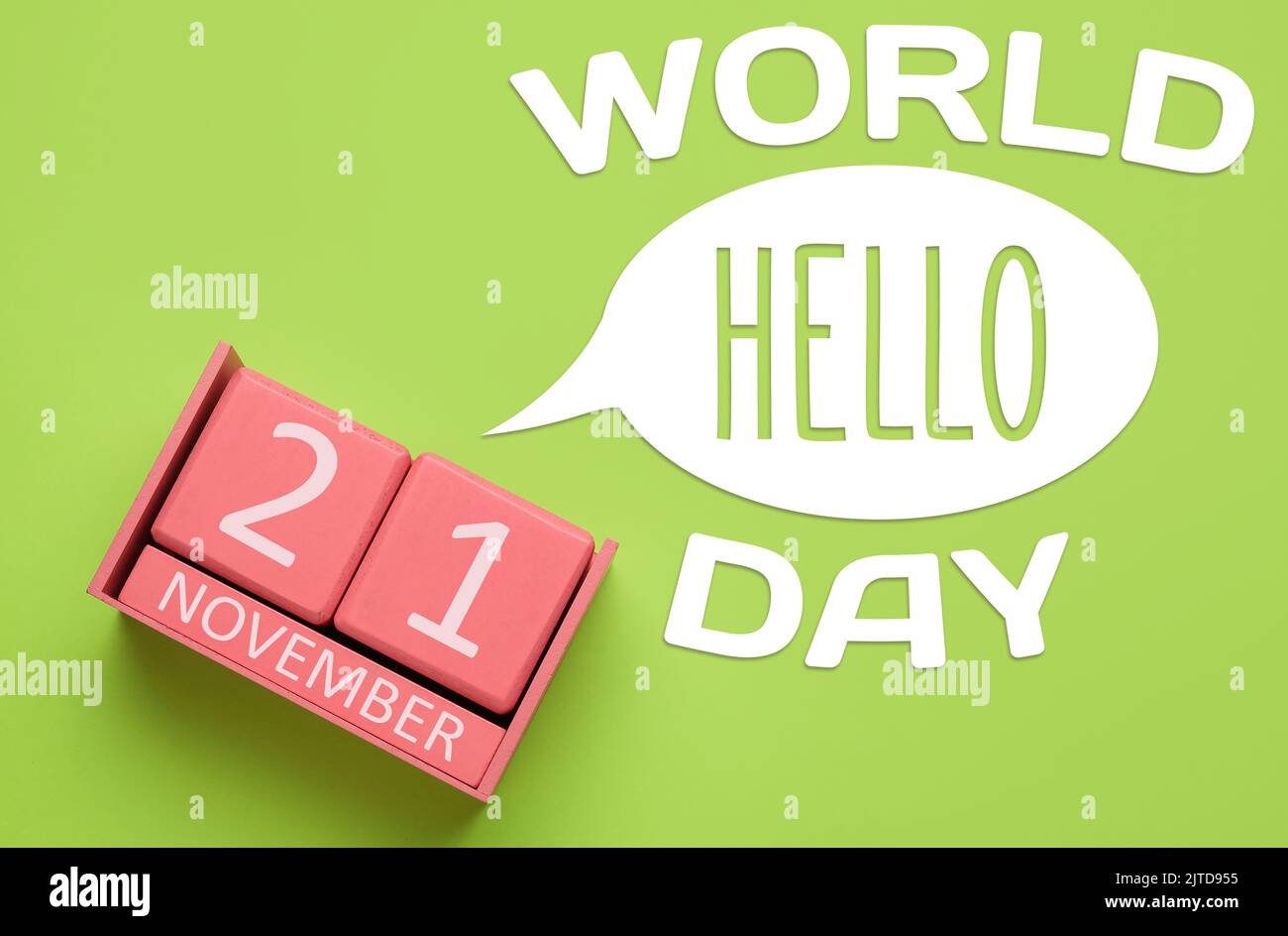 Greeting card for World Hello Day on green background Stock Photo Alamy