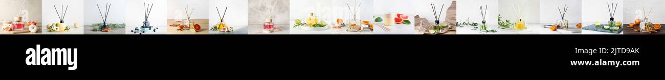 Collage with different reed diffusers on light background Stock Photo