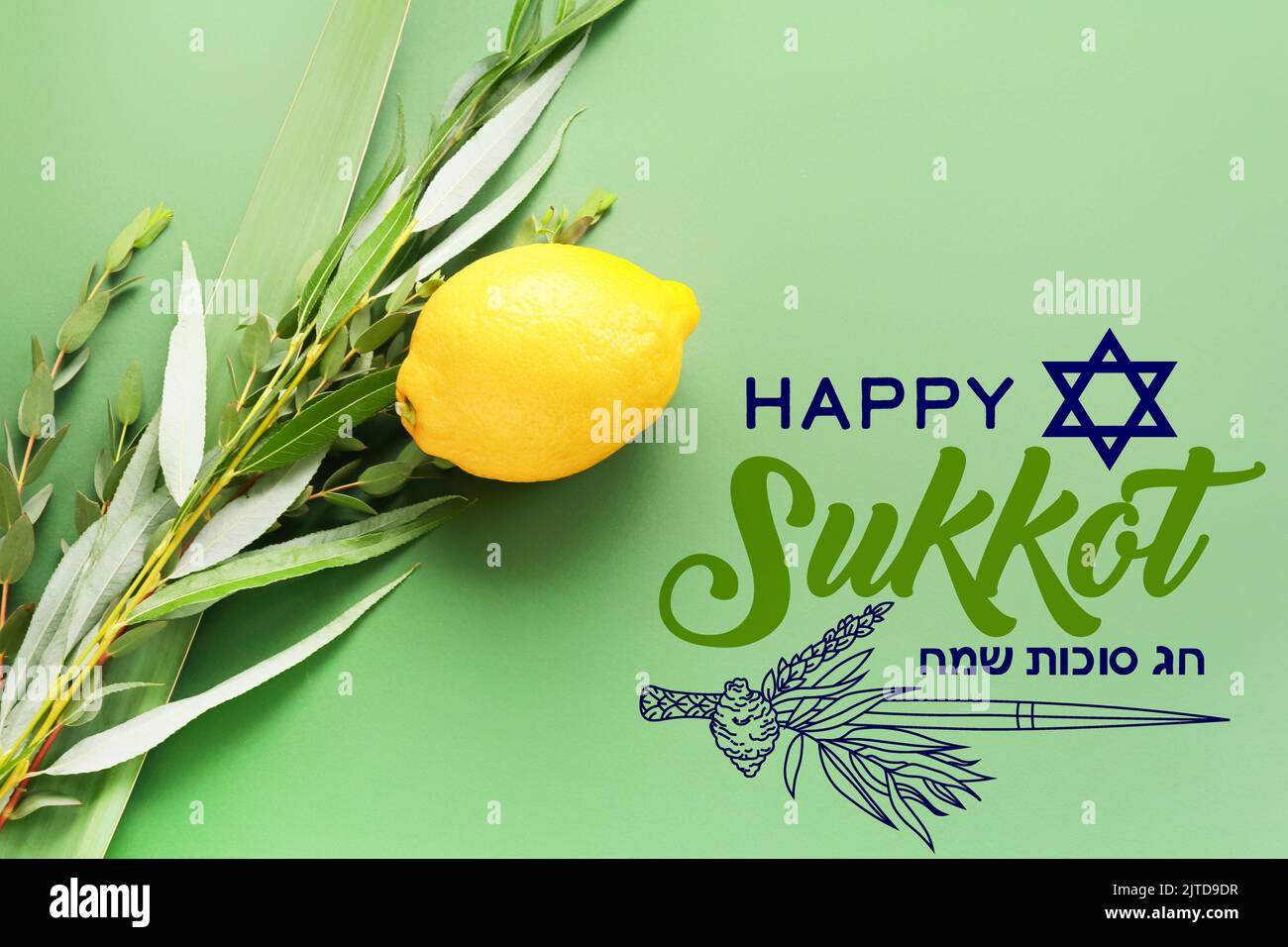 Greeting card with Sukkot festival symbols on green background Stock