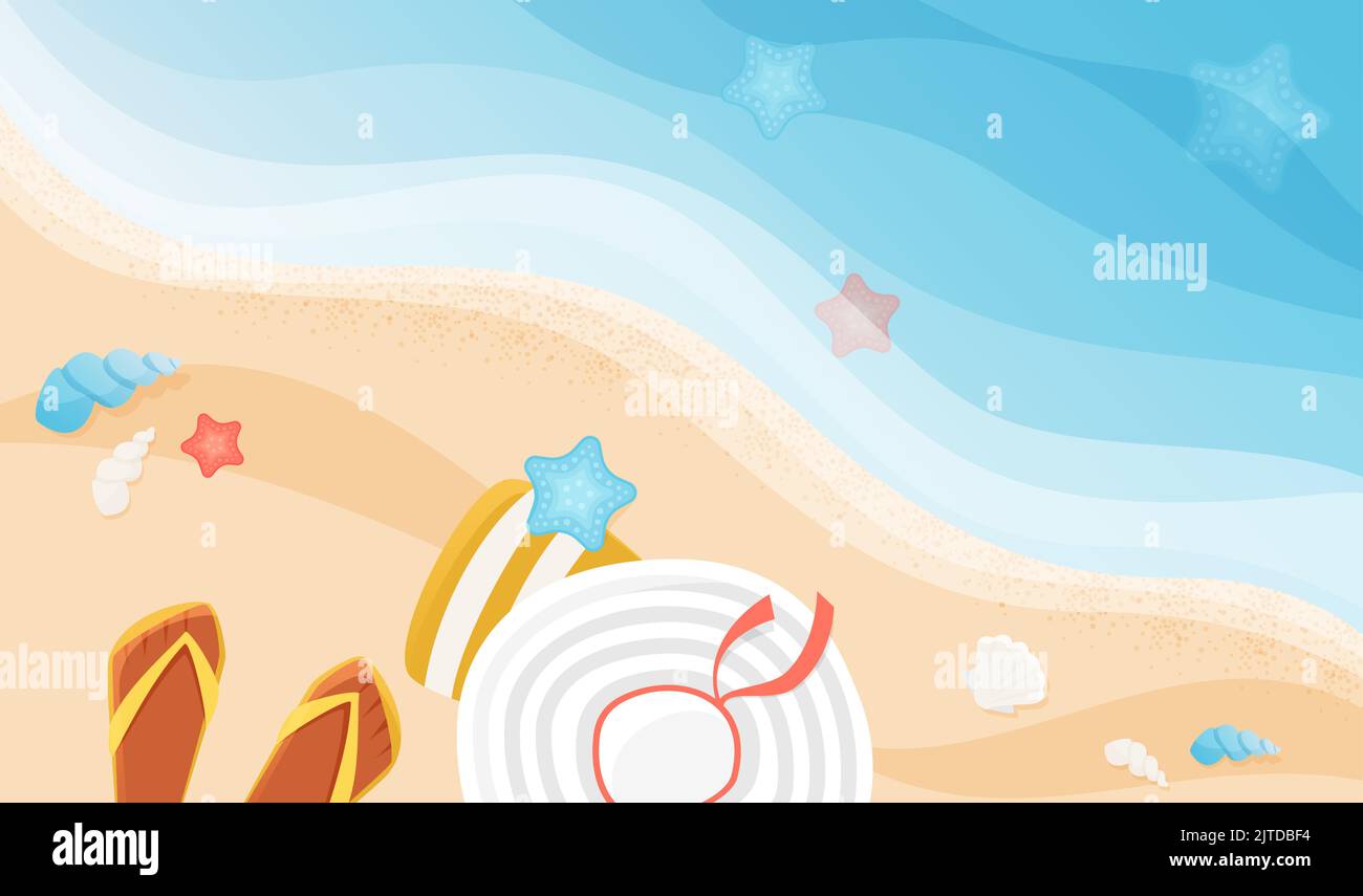 Summer vacation relax on sea coast vector illustration. Cartoon cute scene with feet in flip flops, hat and bag on a sand beach with turquoise waves and seashells background. Exotic paradise concept Stock Vector