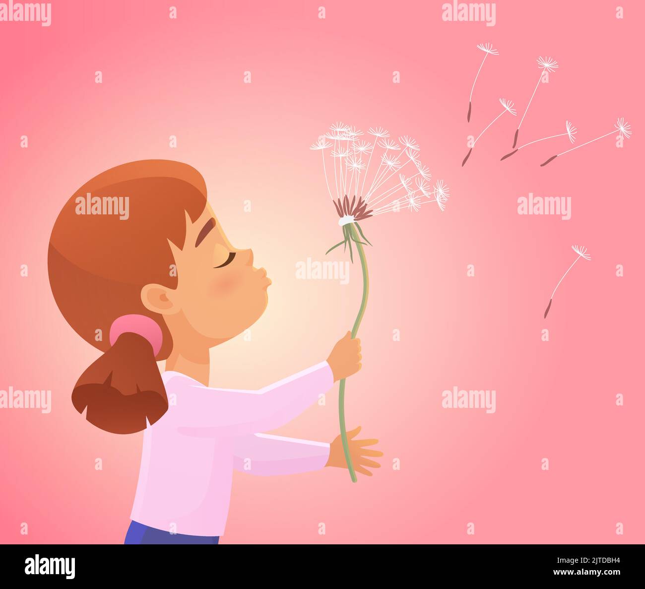 Cute girl blowing on dandelion, flower seeds flying away with wind vector illustration. Cartoon little kid enjoying spring in nature, make wish background. Childhood, aspirations, imagination concept Stock Vector