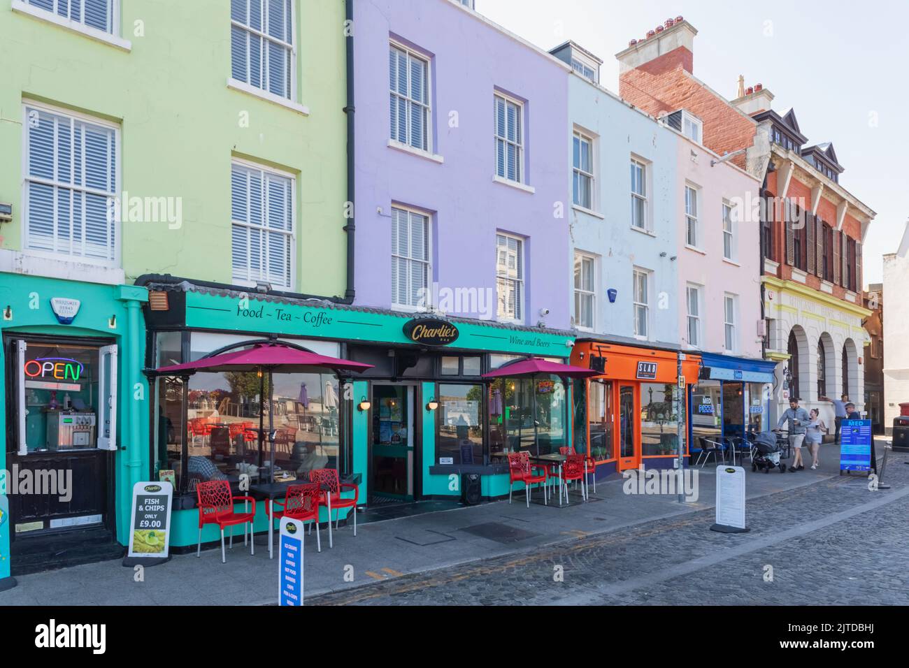 England, Kent, Margate, Old Town Colourful Seafront Cafes and Restaurants Stock Photo