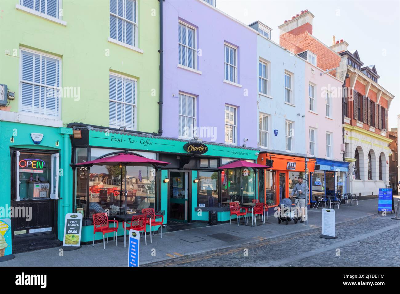 England, Kent, Margate, Old Town Colourful Seafront Cafes and Restaurants Stock Photo