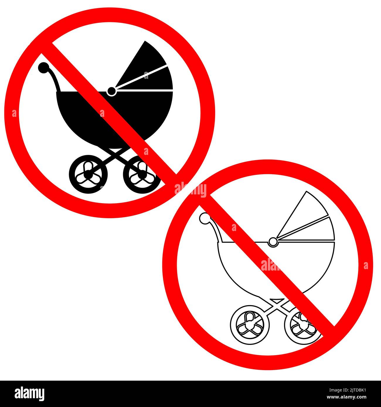 No pram sign on white background. Baby carriage not allowed sign. No