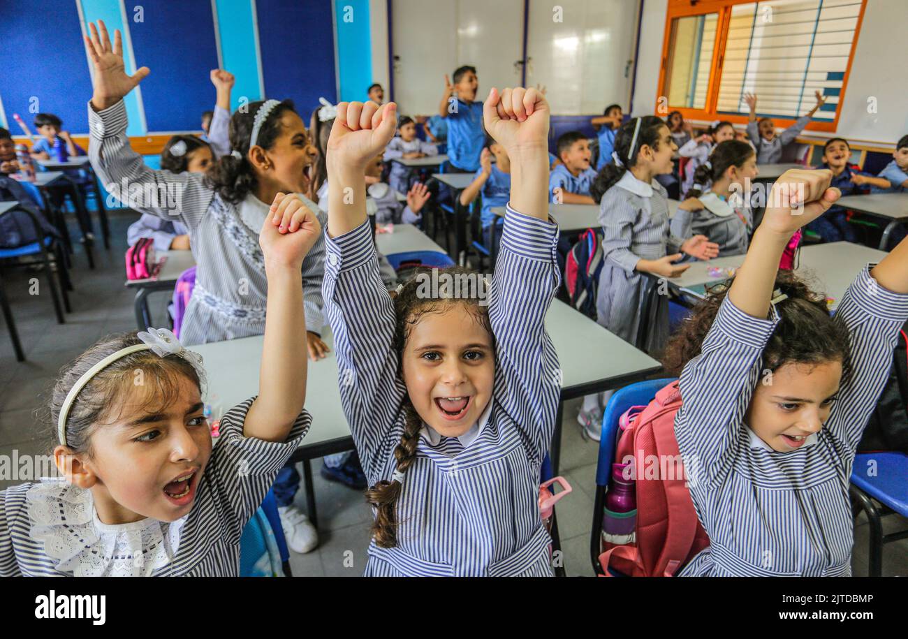 Gaza City, Palestine. 29th Aug, 2022. Palestinian students seen on