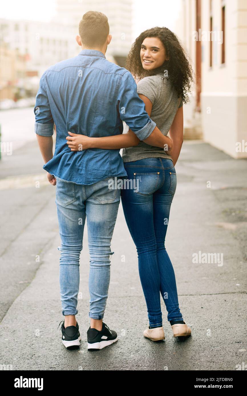 Im his one and only. a loving couple out in the city. Stock Photo
