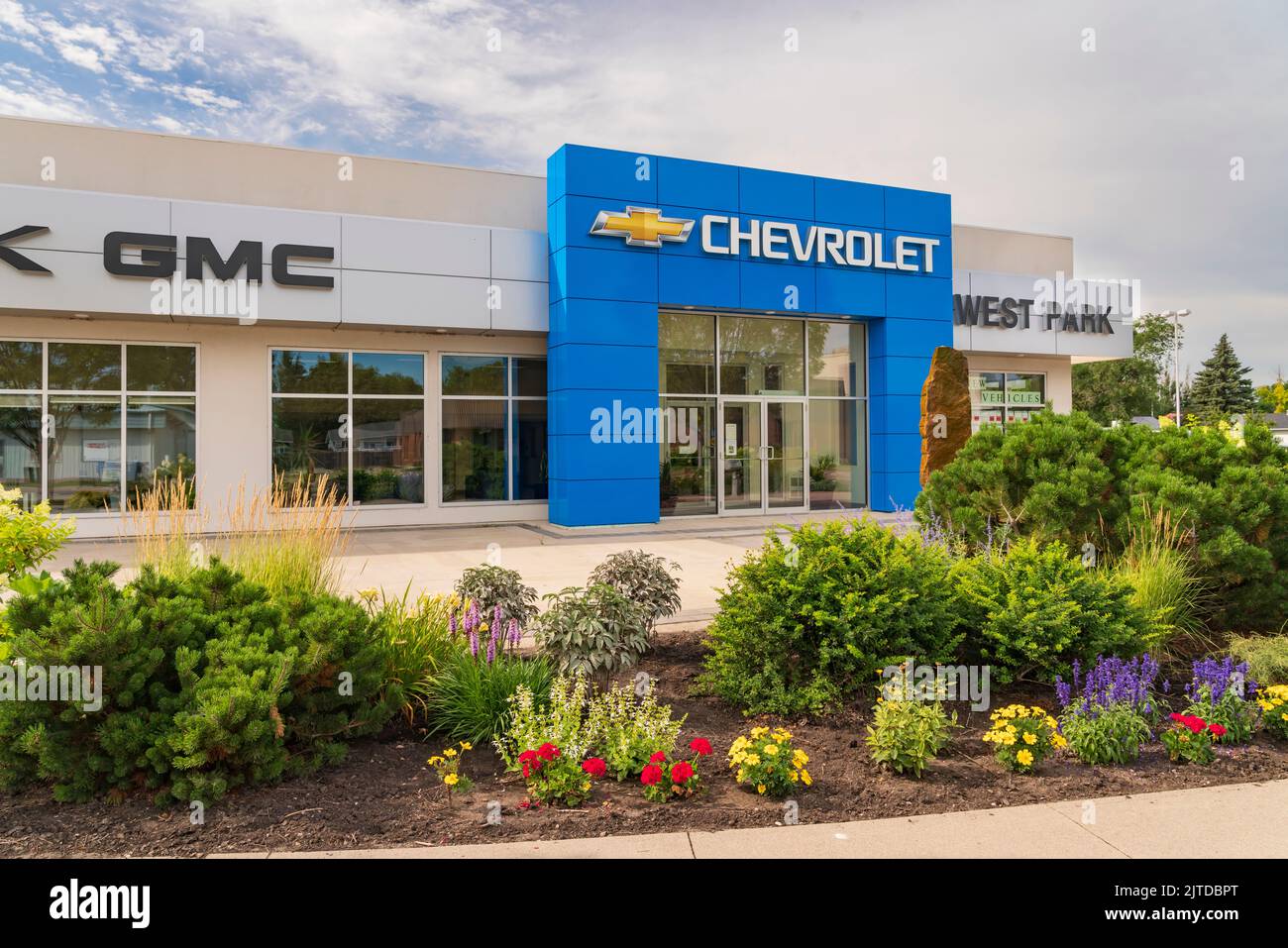 The West Park Motors car dealership building in Altona, Manitoba, Canada. Stock Photo