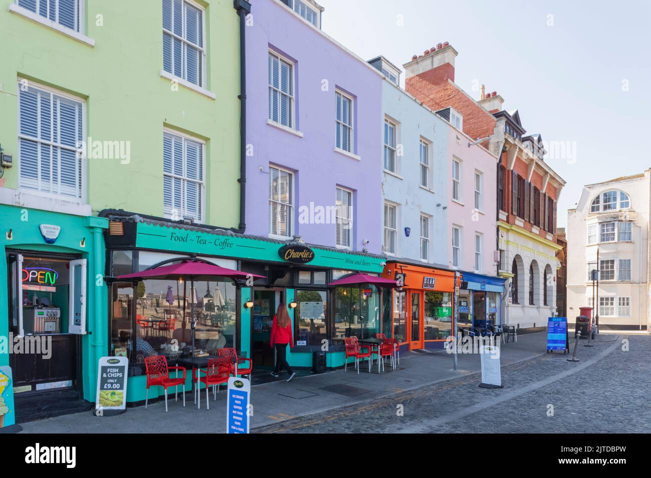England, Kent, Margate, Old Town Colourful Seafront Cafes and
