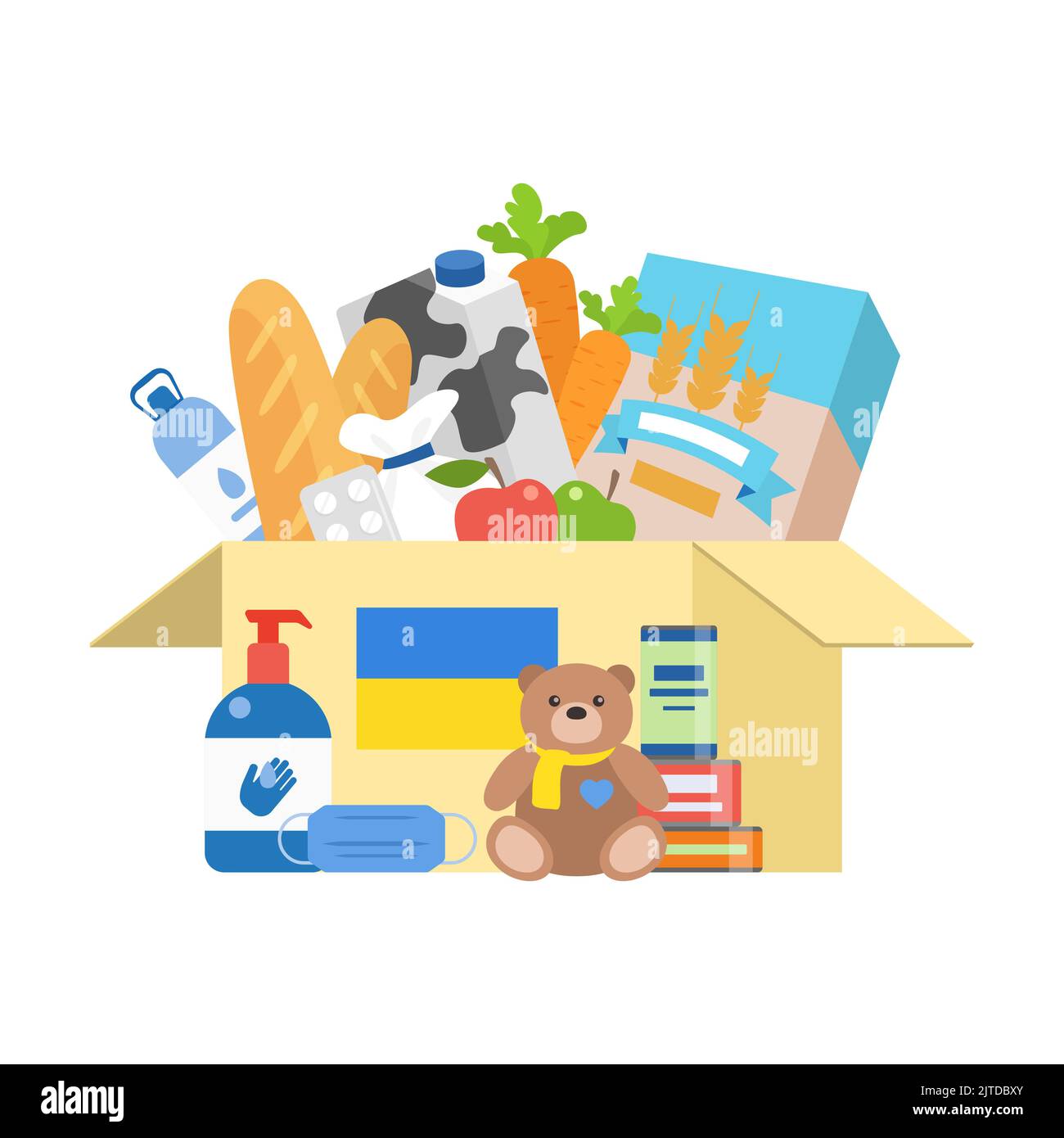 Donation box with humanitarian aid, food, kids toys, hygiene items