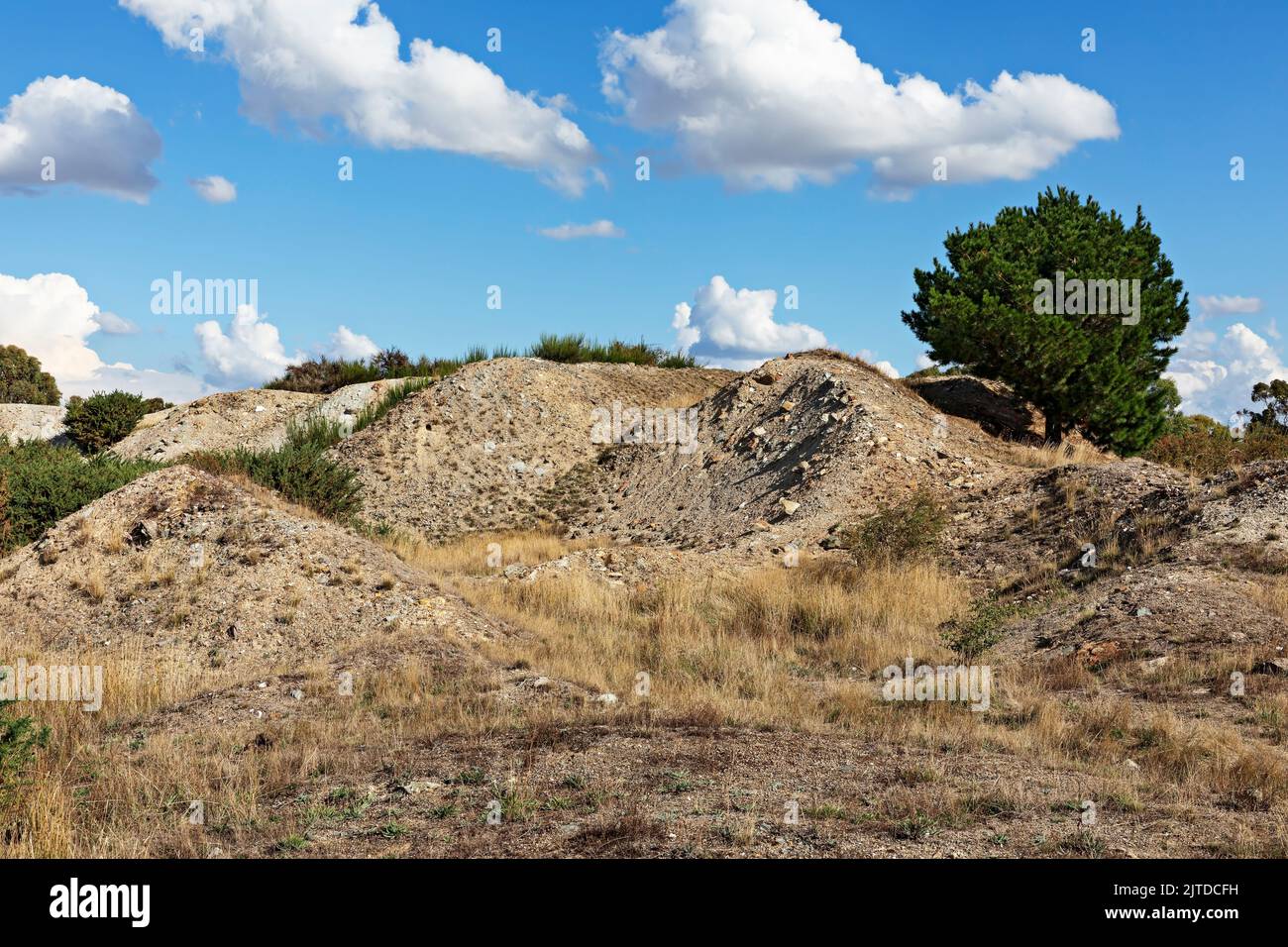 Clunes Australia / Mullock heaps at the former South Clunes Mine in Clunes in Victoria Australia.The discovery of gold in 1850 marked the begining of Stock Photo