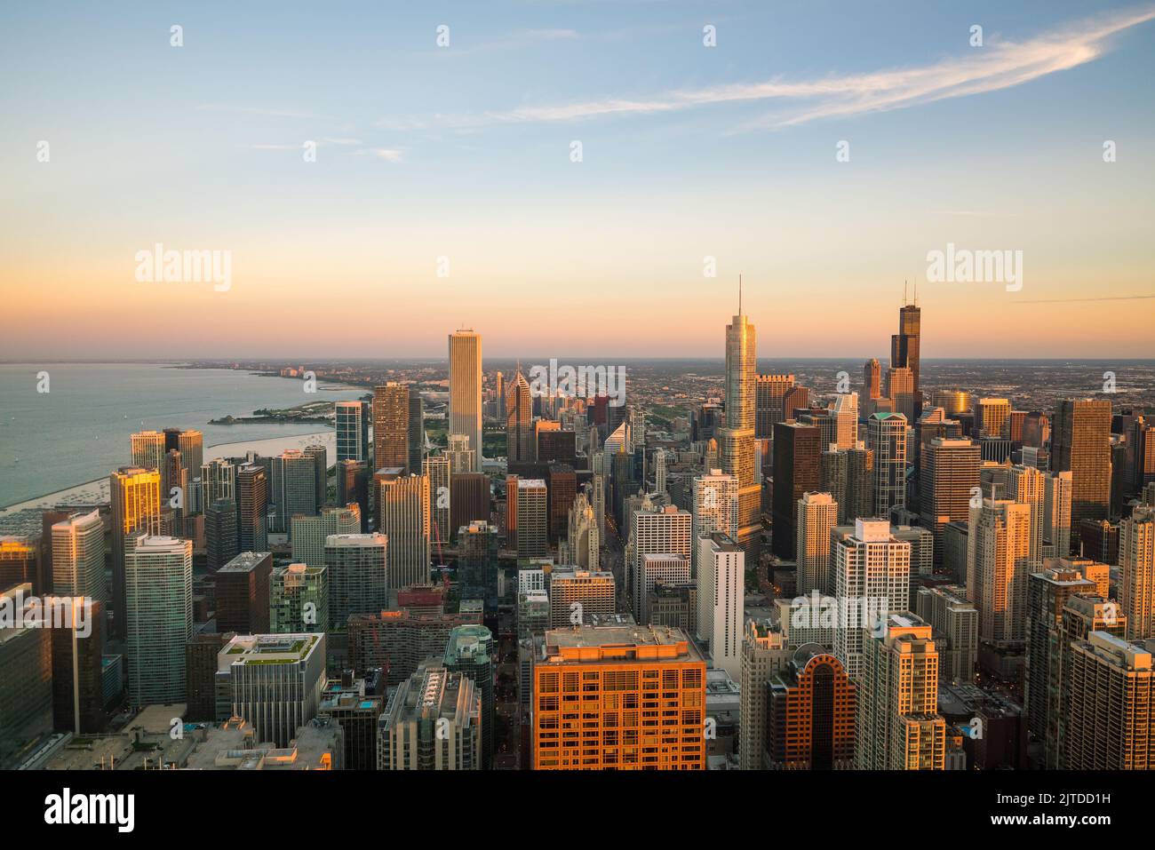 Aerial view of Chicago downtown skyline at sunset from high above Stock ...
