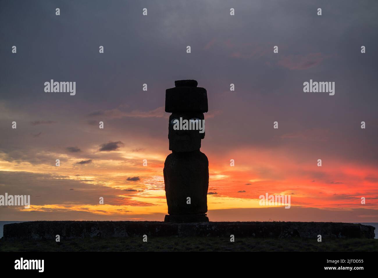 Shot of Moai statue at Easter Island Chile at sunset Stock Photo